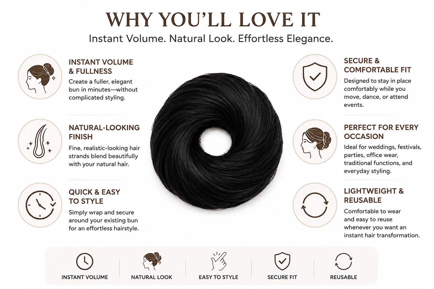 Messy Bun Scrunchie – Human Hair Bun Maker, Natural Black Instant Updo