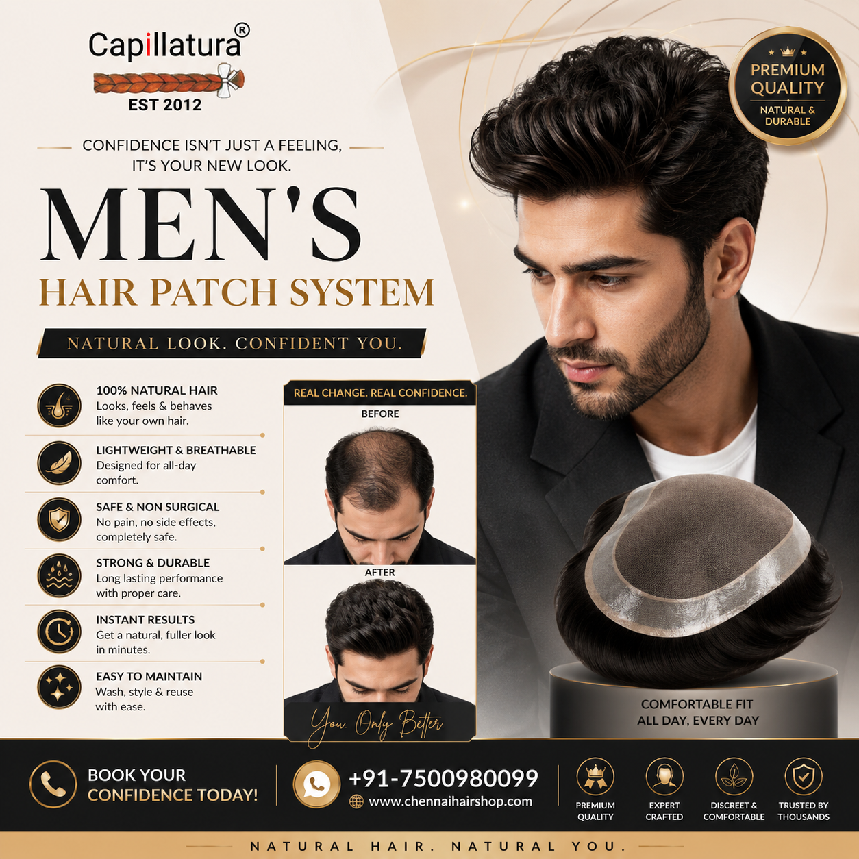 Capillatura Men's Hair Patch | 100% Human Hair | Monofilament Base | Natural Hair System for Men