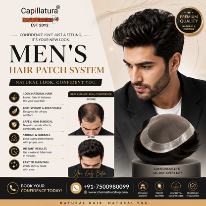 Capillatura Men's Hair Patch | 100% Human Hair | Monofilament Base | Natural Hair System for Men