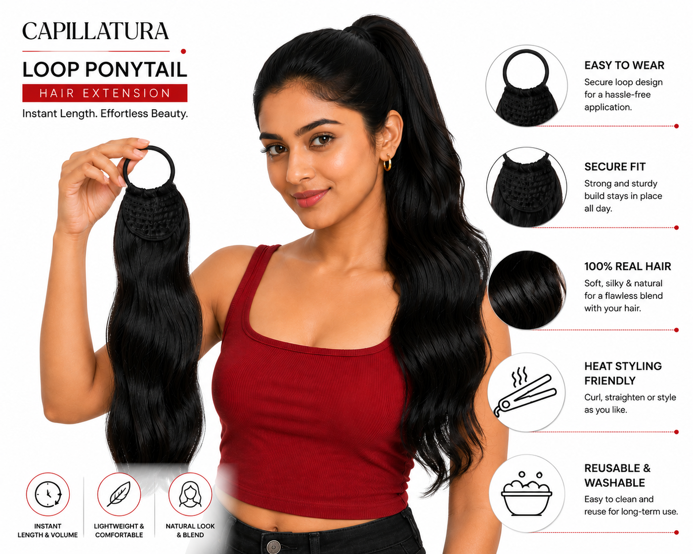 Capillatura Band Ponytail Hair Extension – 100% Remy Human Hair - Washable Hair Extensions
