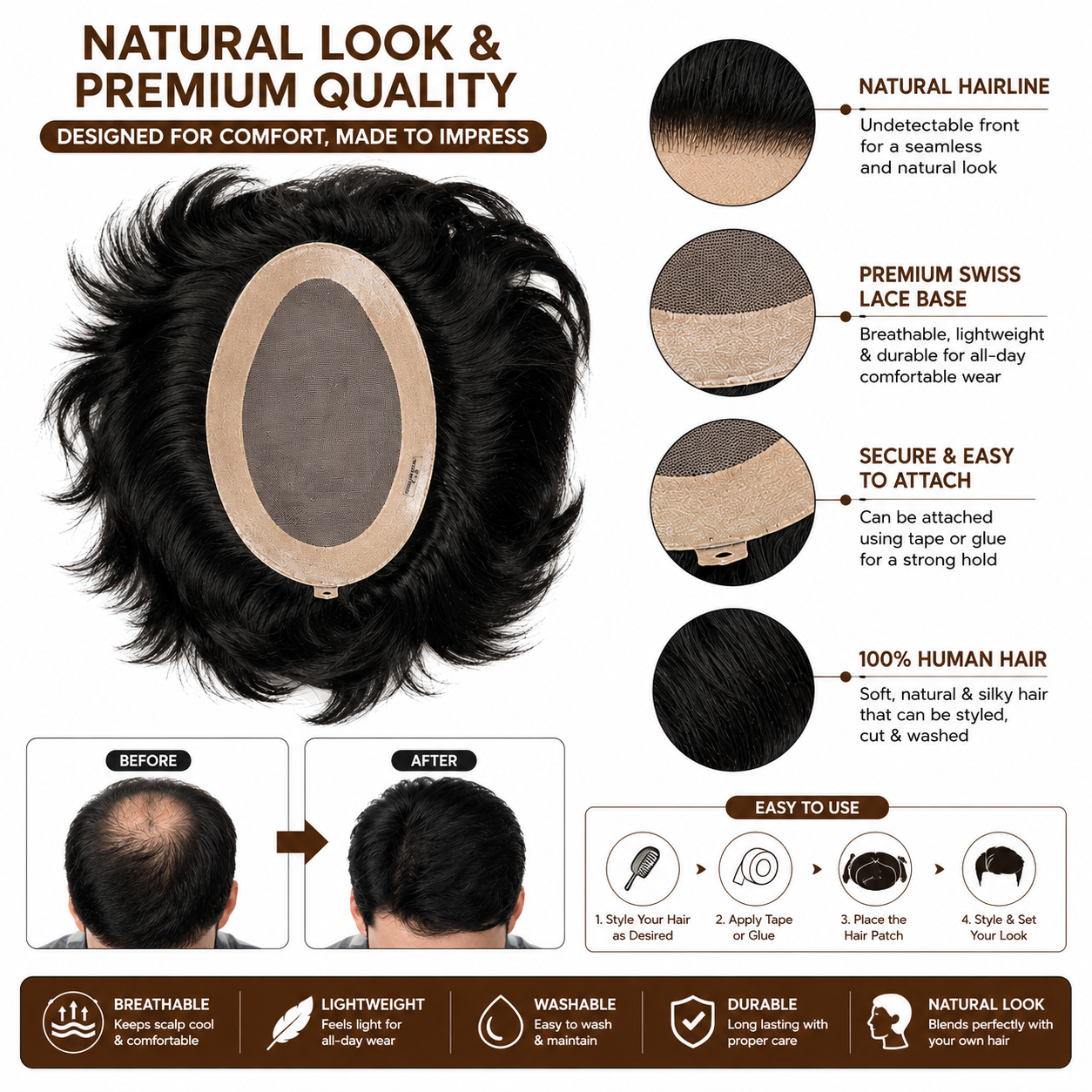 Capillatura Men's Hair Patch | 100% Human Hair | Monofilament Base | Natural Hair System for Men